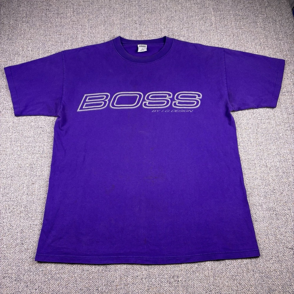 Vtg 90s BOSS by IG Design T Shirt Purple Spellout Graphic Made in USA Hip Hop L